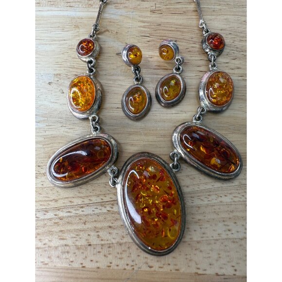 Amber Necklace & Earring Set With Silver Details - Picture 5 of 16